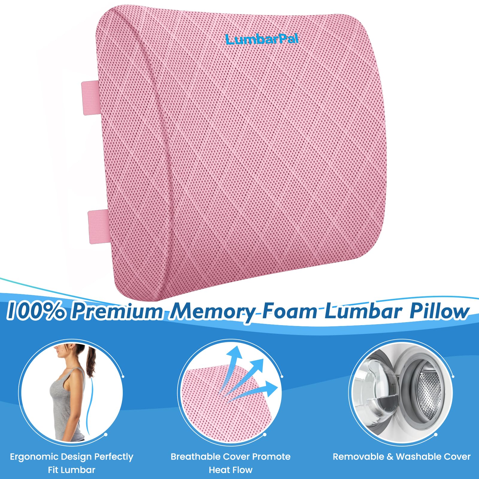 Lumbar Support Pillow for Office Chair Back Support Lumbar Pillow for Car, Gaming, Office Chair - Improve Sitting Posture & Back Pain Relief, Memory Foam, Adjustable Straps, Pink