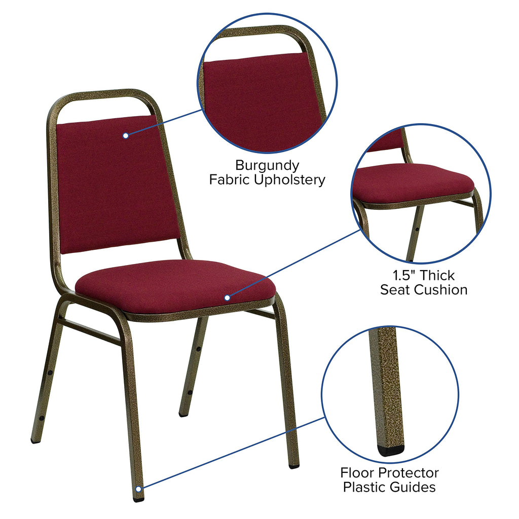 Trapezoidal Back Fabric Upholstered Stackable Banquet Chair, Multipurpose Stacking Chair with Padded Seat and Back, Burgundy/Gold