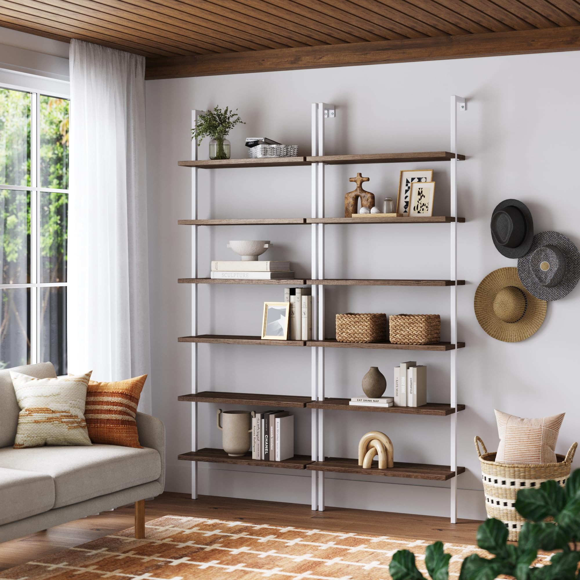 6-Shelf Tall Bookcase, Wall Mount Bookshelf with Natural Wood Finish and Industrial Metal Frame, Rustic Oak/White, Set of 2