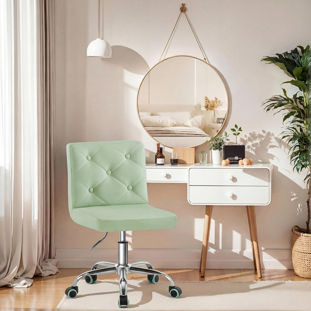 PU Leather Mid-Back Armless Vanity Chair Adjustable Height 360° Rolling Swivel for Office Work