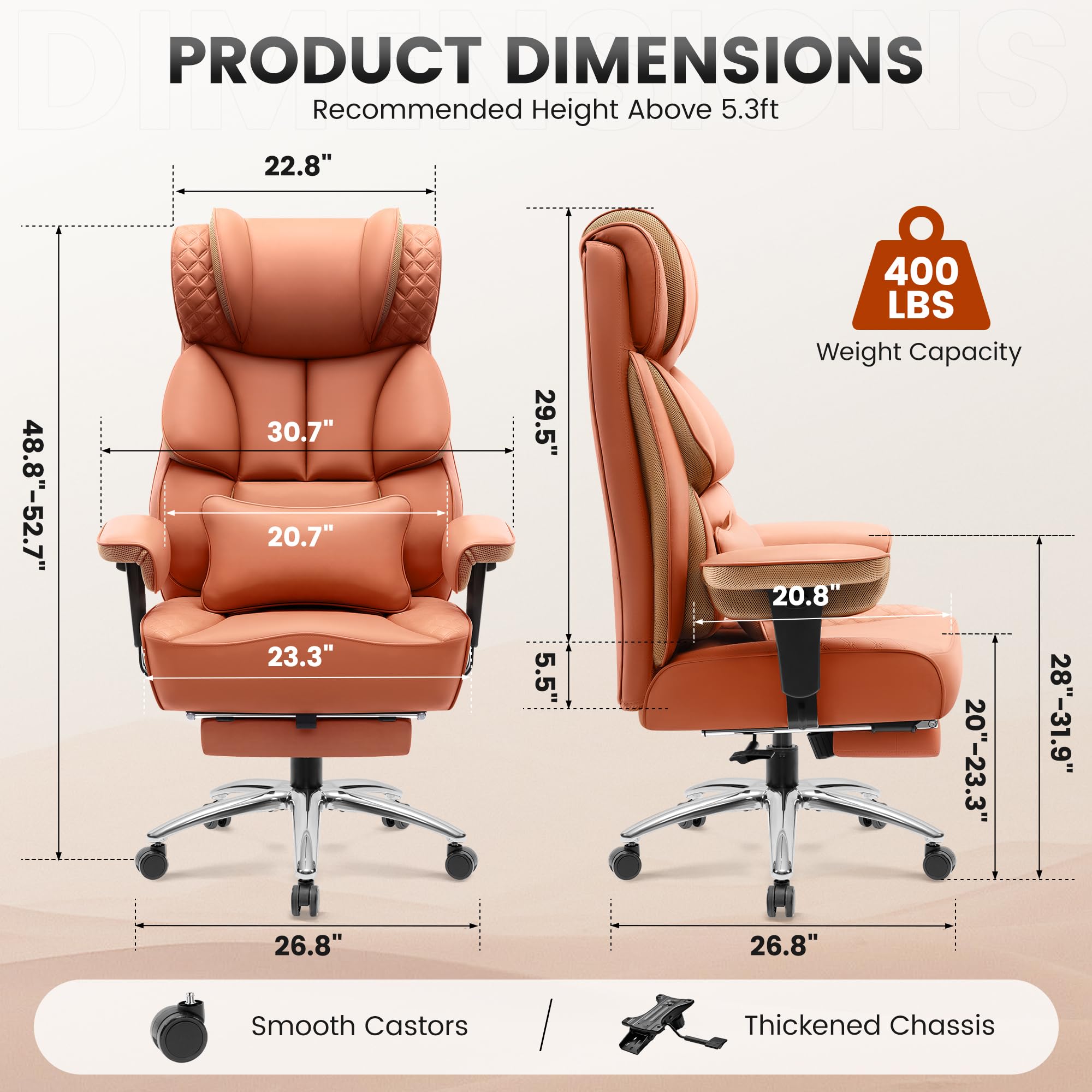Office Desk Chair, Big and Tall Leather Gaming Chair with Footrest, Wide Ergonomic Comfy Executive High-Back Reclining Computer Chairs, Swivel Rolling Wheels and Padded Lumbar Support, Brown