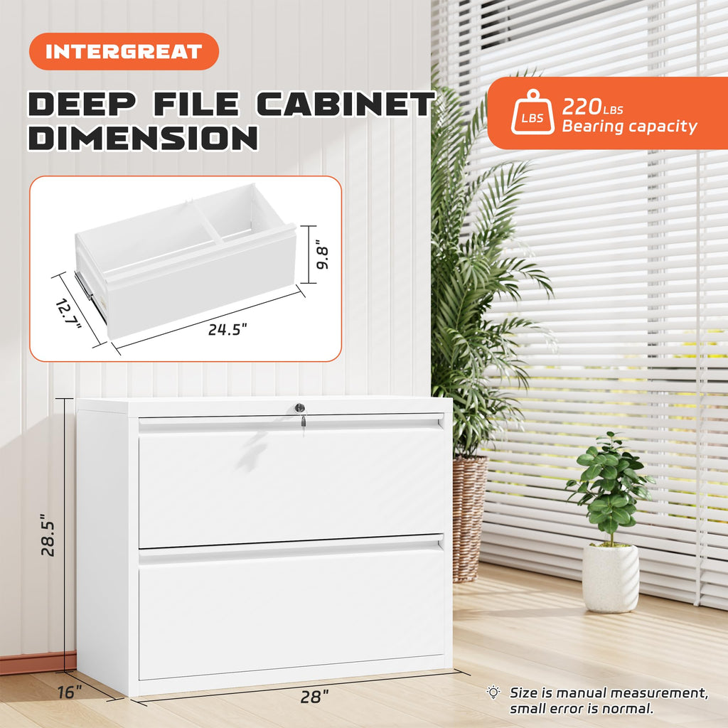 Lateral File Cabinet 2 Drawer, White Metal File Cabinets for Home Office, Locking File Cabinet for Letter/Legal/F4/A4 Size Hanging Files, Easy Assembly