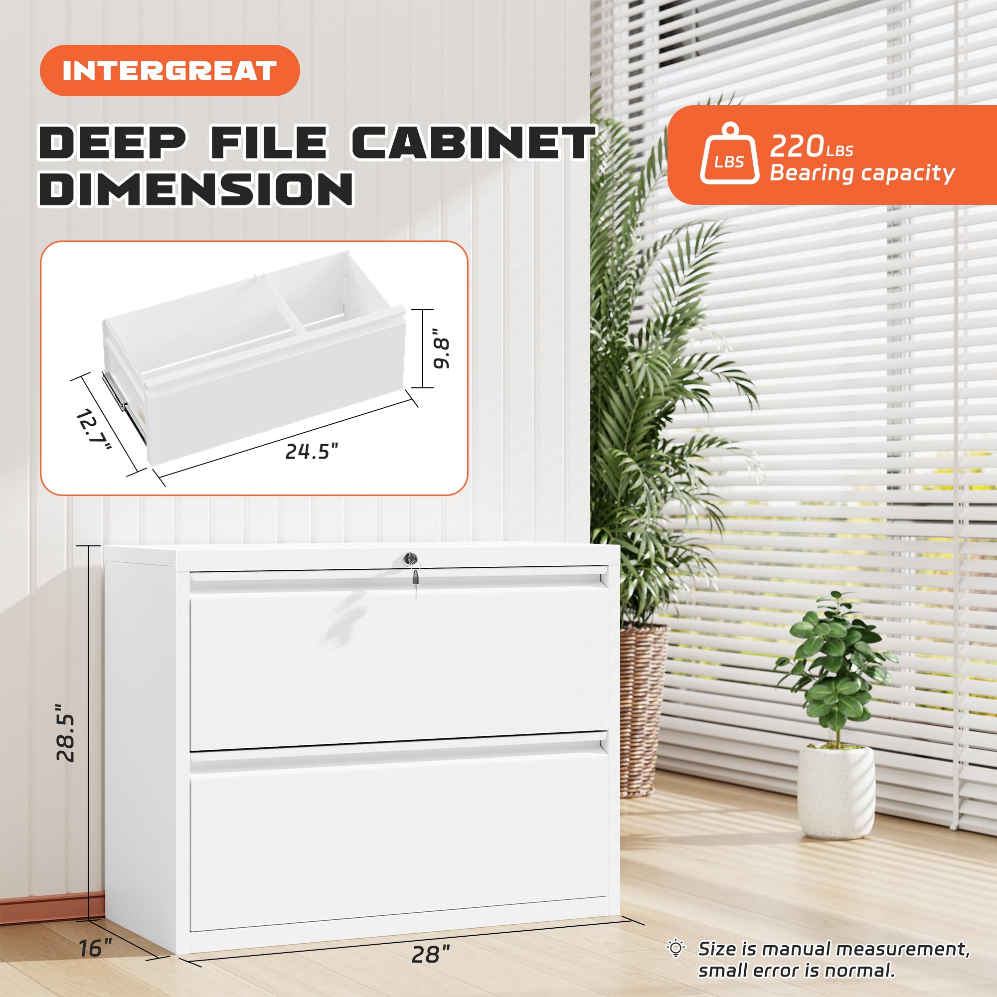 Lateral File Cabinet 2 Drawer, White Metal File Cabinets for Home Office, Locking File Cabinet for Letter/Legal/F4/A4 Size Hanging Files, Easy Assembly