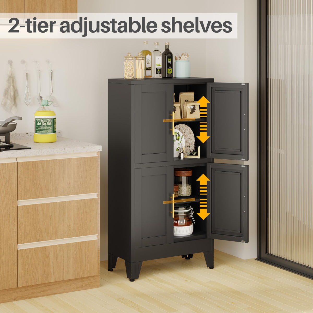 47” Black Metal Storage Cabinet, Kitchen Pantry Cabinet
