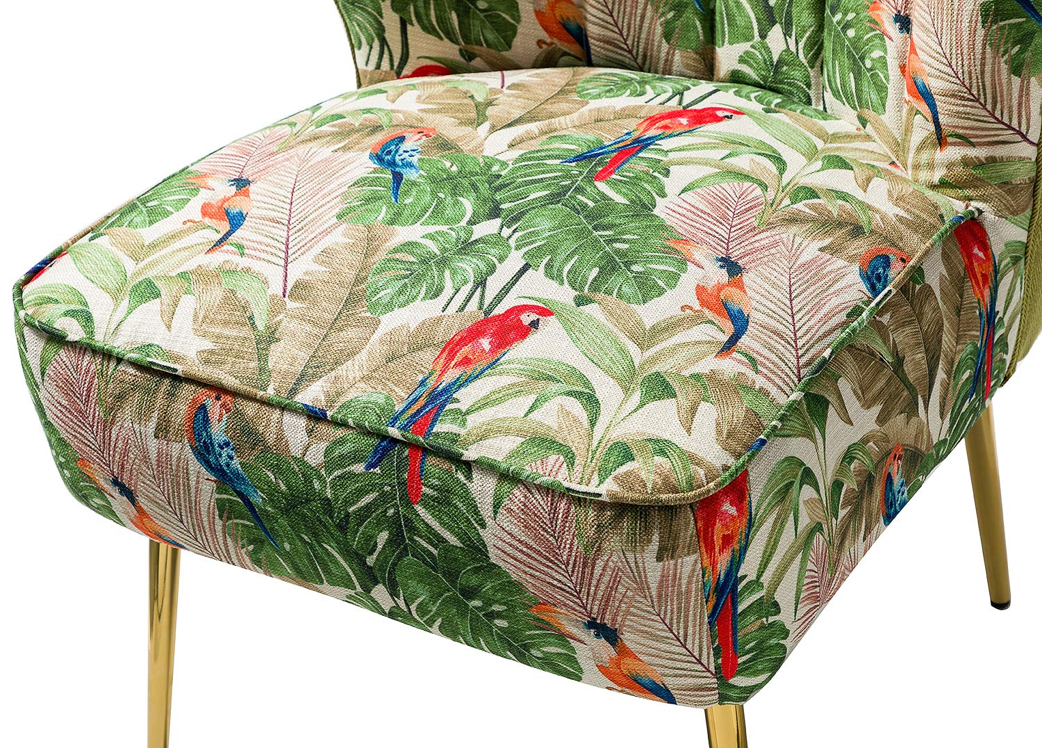 Modern Accent Chair with Golden Legs, Comfy Cute Living Room Chair, Wingback Small Armless Side Chair, Upholstered Tufted Slipper Chair for Bedroom, Reading Room (Tropical Parrot, Green)