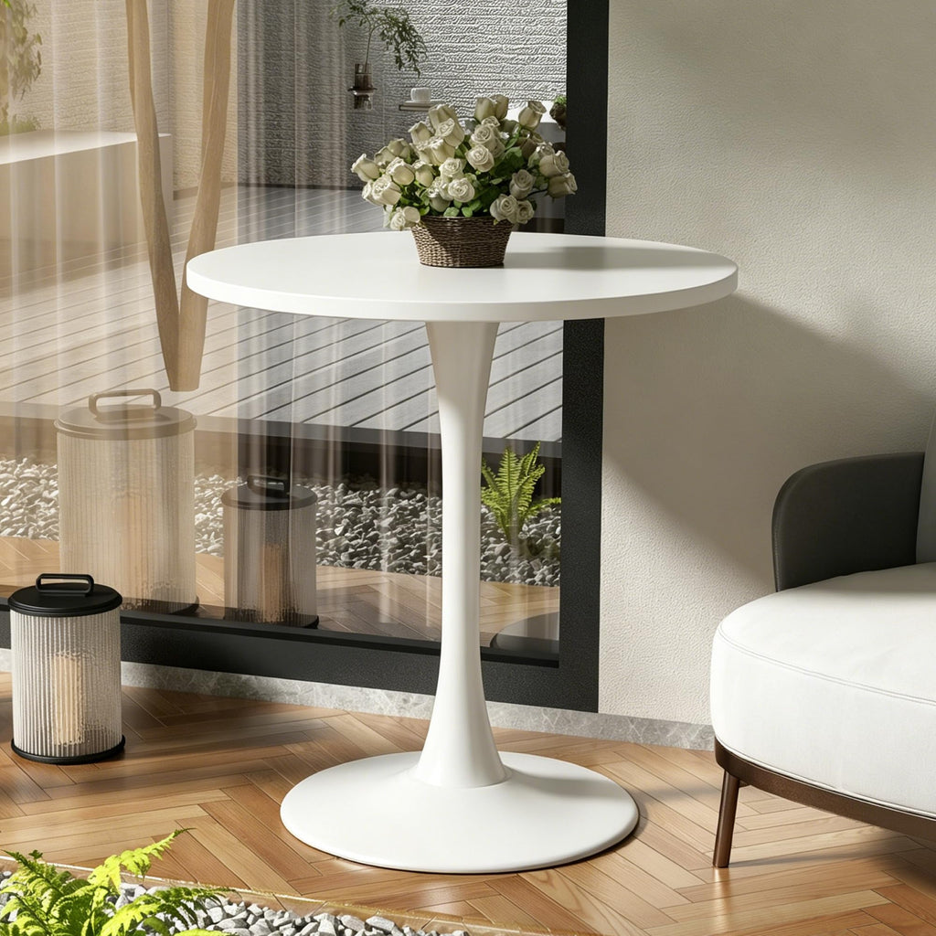 Kasinali Round Dining Table 27.5" Circle Tulip Table with Wood Thickened Tabletop & Sturdy Metal Pedestal Mid Century Modern Leisure Bistro Kitchen Tables 4 People Small Places Living Room Cafe,White