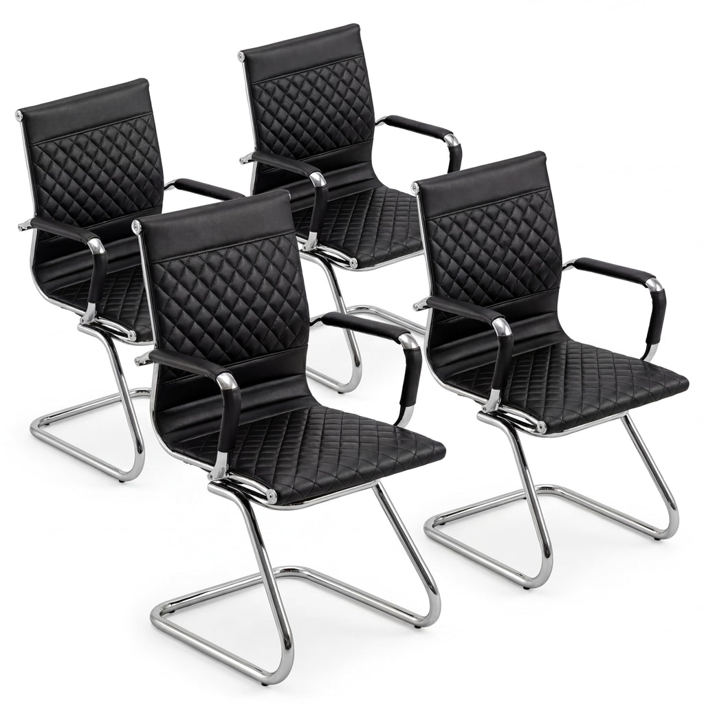 Office Chairs Set of 4 - PU Leather Desk Chair No Wheels with Arms - 400LB Capacity Sled Base Waiting Room Chairs, Modern Conference Chair for Home Office, Lobby, School Black