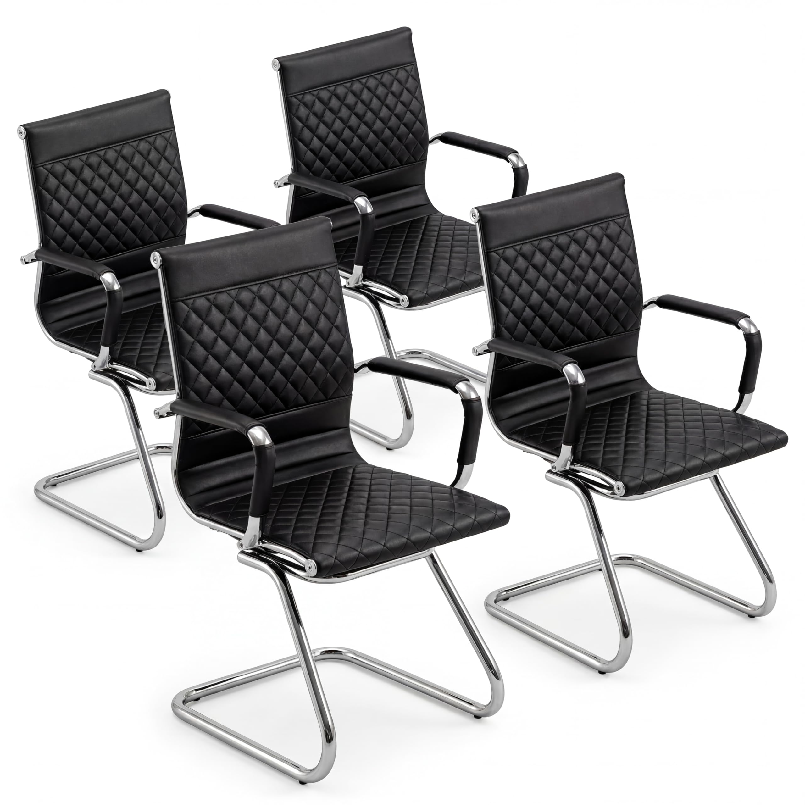 Office Chairs Set of 4 - PU Leather Desk Chair No Wheels with Arms - 400LB Capacity Sled Base Waiting Room Chairs, Modern Conference Chair for Home Office, Lobby, School Black