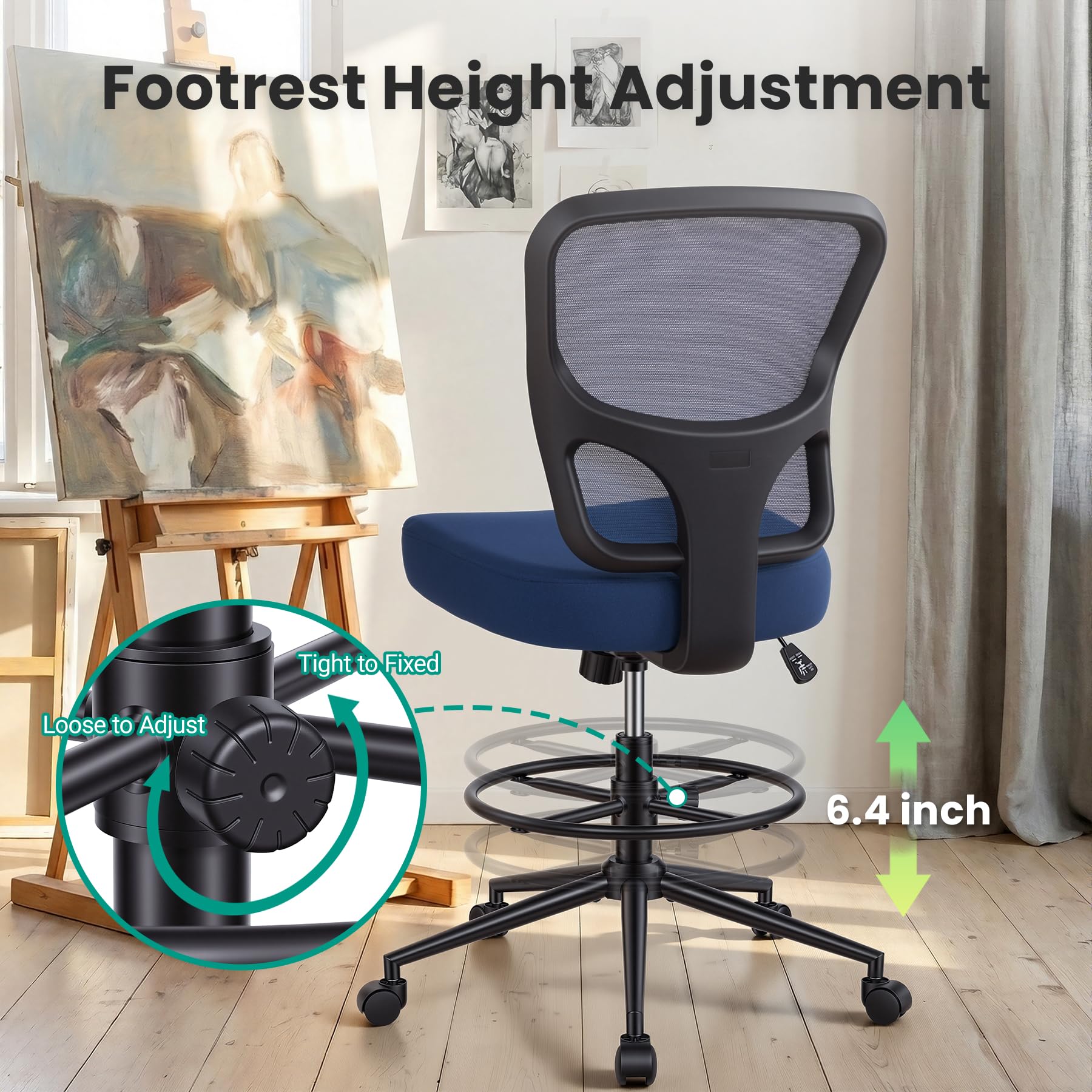 Armless Drafting Chair Tall Office Chair for Standing Desk - Adjustable Height Mesh Ergonomic Drafting Stool with Foot Ring & Wheels, Rolling Counter Height Computer Chair for Home Office