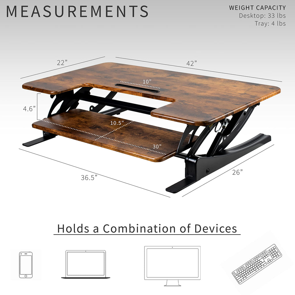 42 inch Height Adjustable Stand Up Desk Converter, V Series, Quick Sit to Stand Tabletop Dual Monitor Riser Workstation, Rustic Vintage Brown Top, Black Frame, DESK-V000VLN