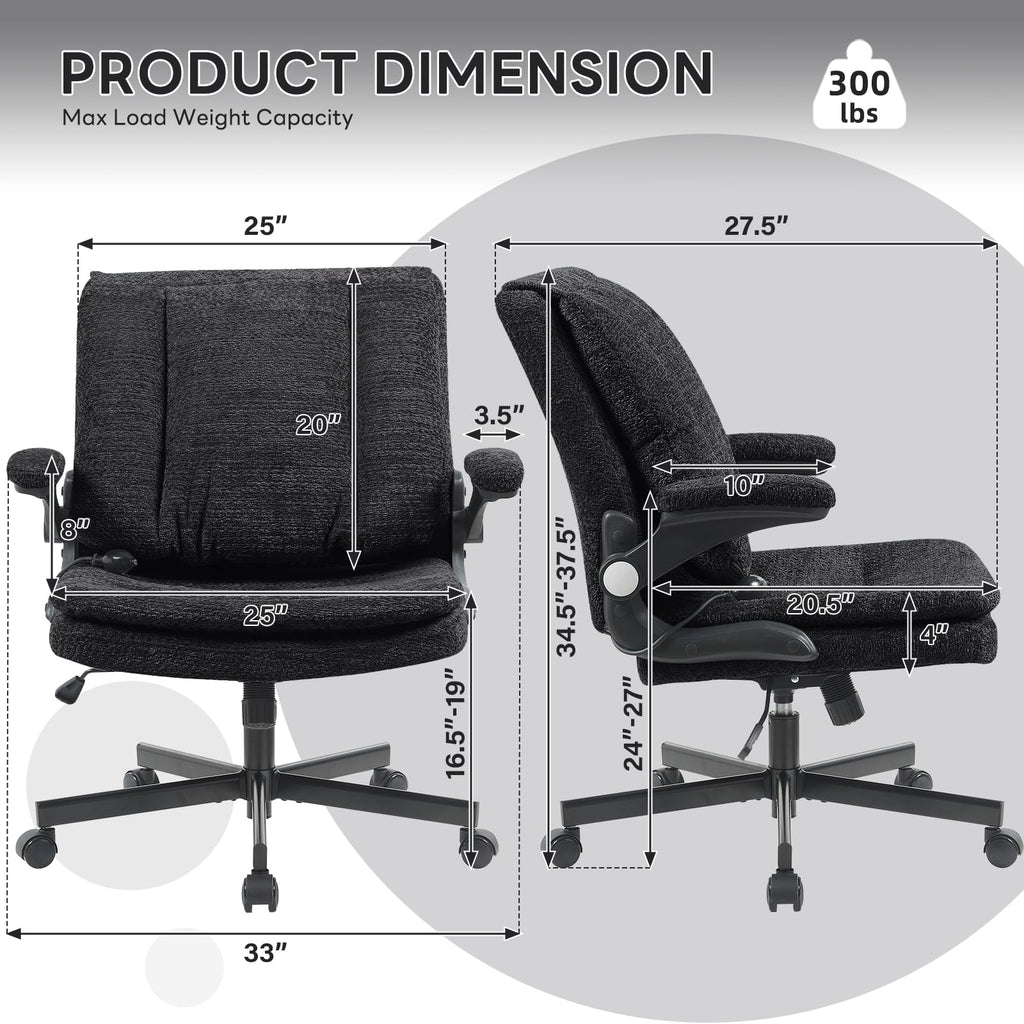 Criss Cross Office Chair with 2 in 1 Inflatable Flip-up Back, Ergonomic Wide Seat Desk Chair with Adjustable Arms and Wheels, Cross Legged Office Chair for Home & Office, Black