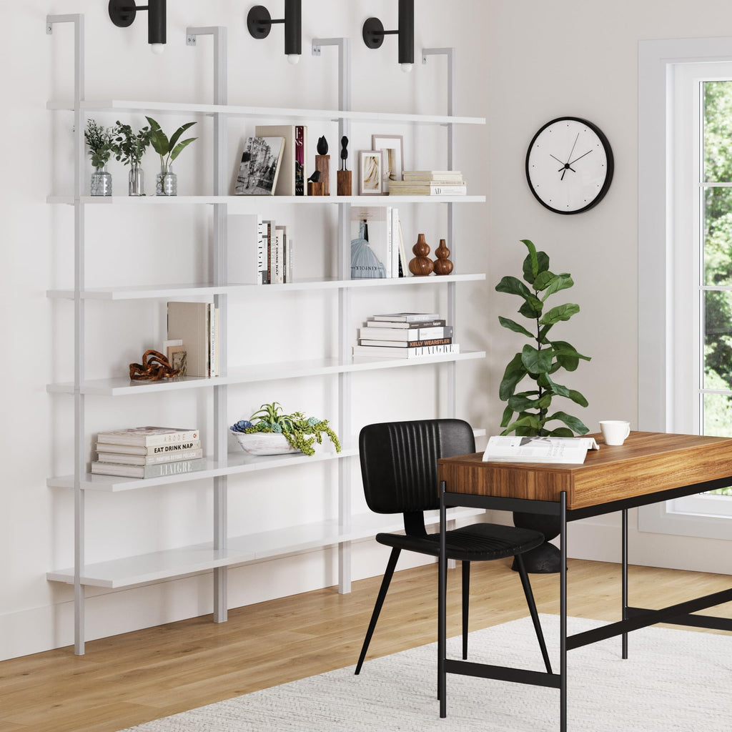 Set of 3, 6-Shelf Tall Modern Bookshelf, Wall Mount Ladder Shelf Bookcase with White Wood and Industrial Metal Frame, Matte White/White