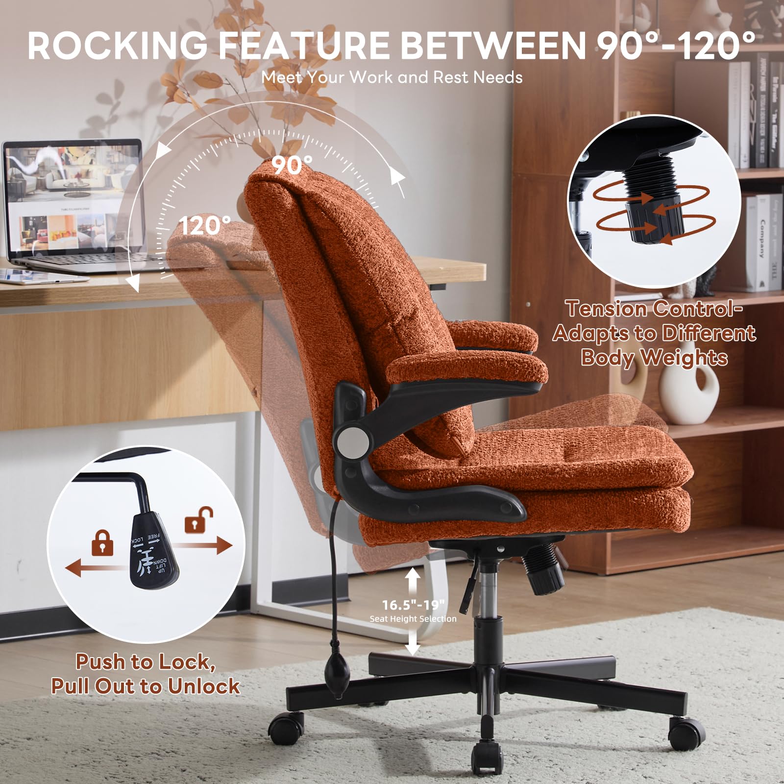 Criss Cross Office Chair with 2 in 1 Inflatable Flip-up Back, Ergonomic Wide Seat Desk Chair with Adjustable Arms and Wheels, Cross Legged Office Chair for Home & Office, Orange