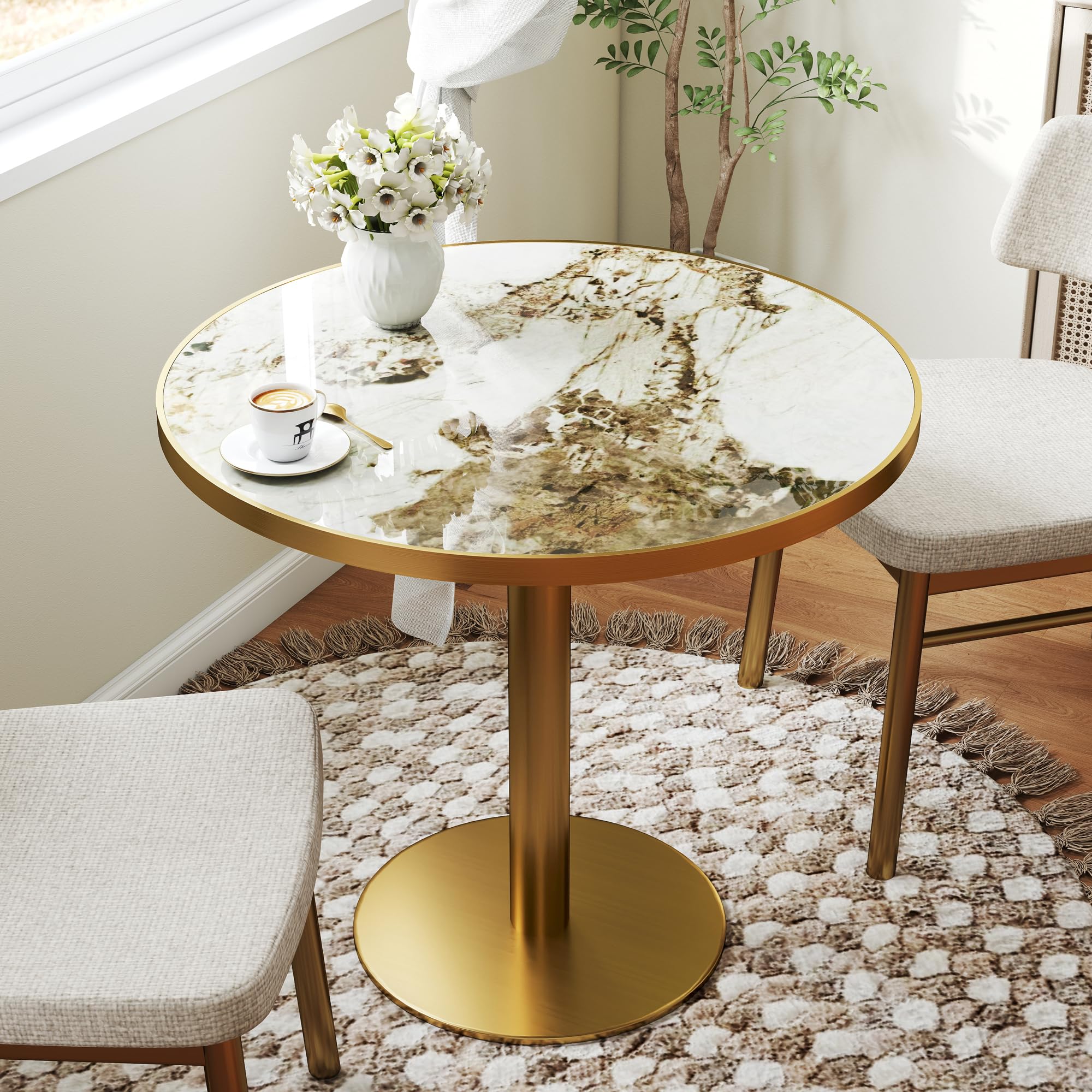 hausway 31.5" Tulip Table,Round Kitchen Dining Table for 2-4 with Thick Sintered Stone Top,Titanium Golden Pedestal Base,Heat-Resistant,Bistro Table for Dining Room,Café,Small Space（Inky Axis）
