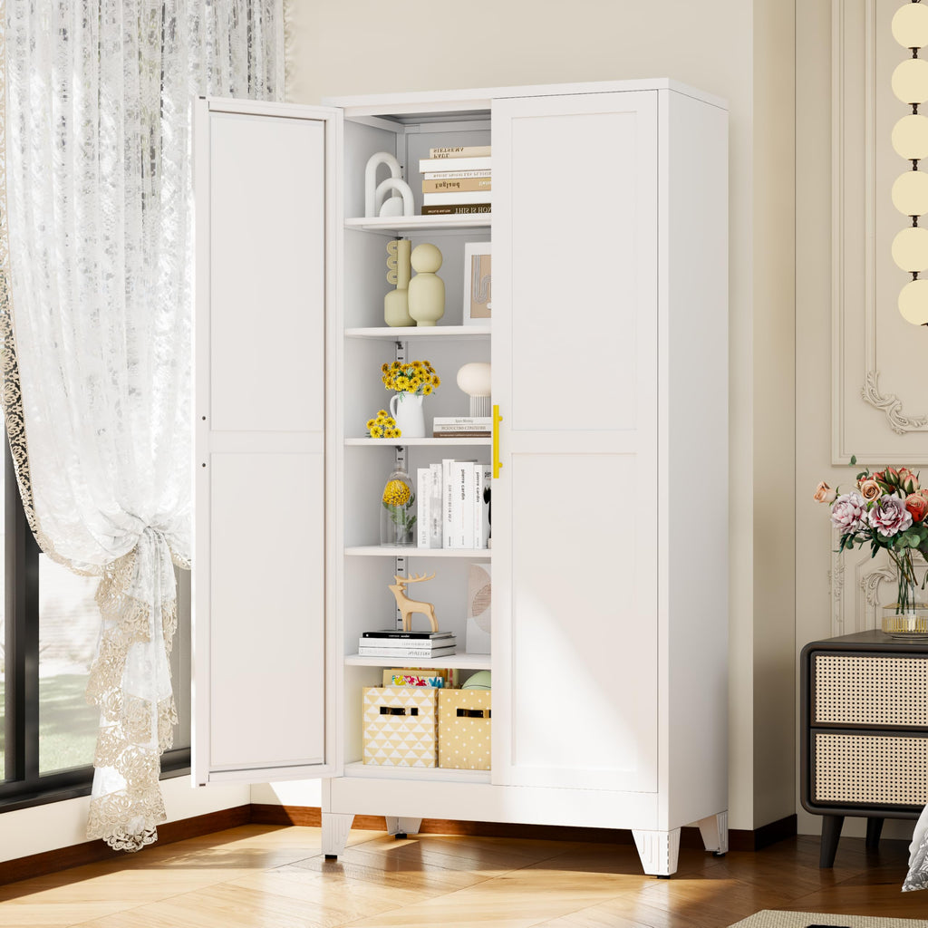 White Metal Storage Cabinet,75" Steel Cabinets for Home Office