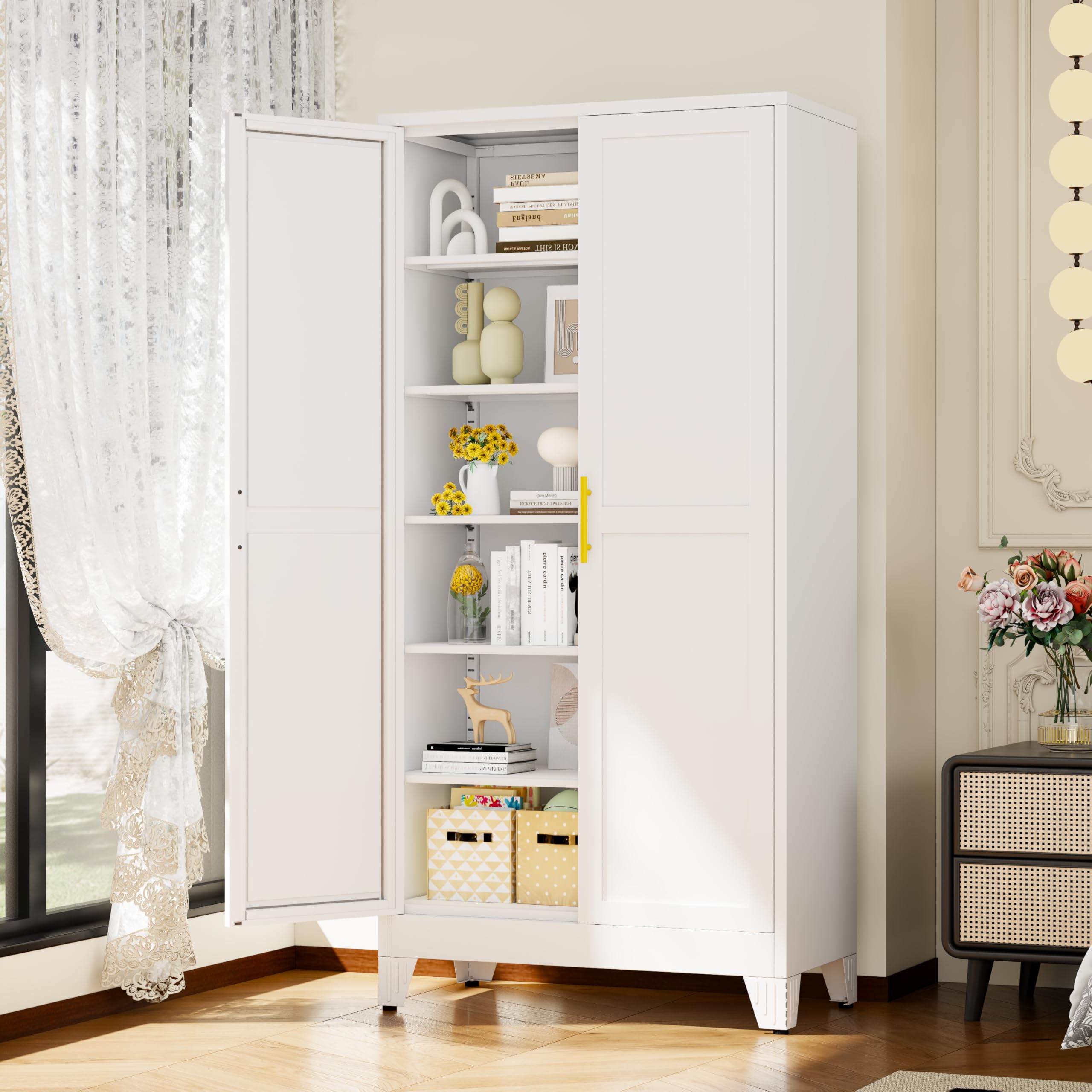 White Metal Storage Cabinet,75" Steel Cabinets for Home Office