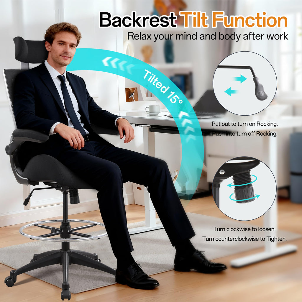 Drafting Tall Office Chair 400lbs High Back Wide Standing Desk Chair Comfortable with Flip up Armrests Lumbar Support Adjustable Big Footrest Ring(Black)