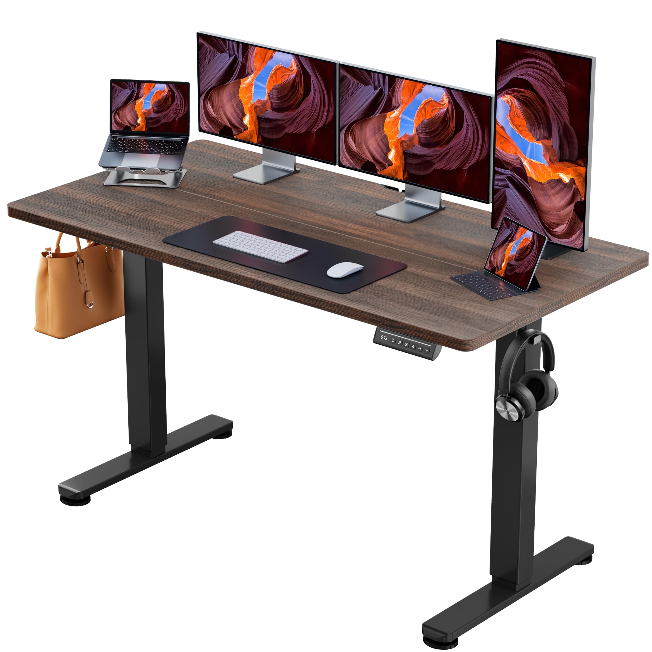 Height Adjustable Electric Standing Desk, 55 x 28 Inches Sit Stand up Desk, Memory Computer Home Office Desk, Dark Walnut