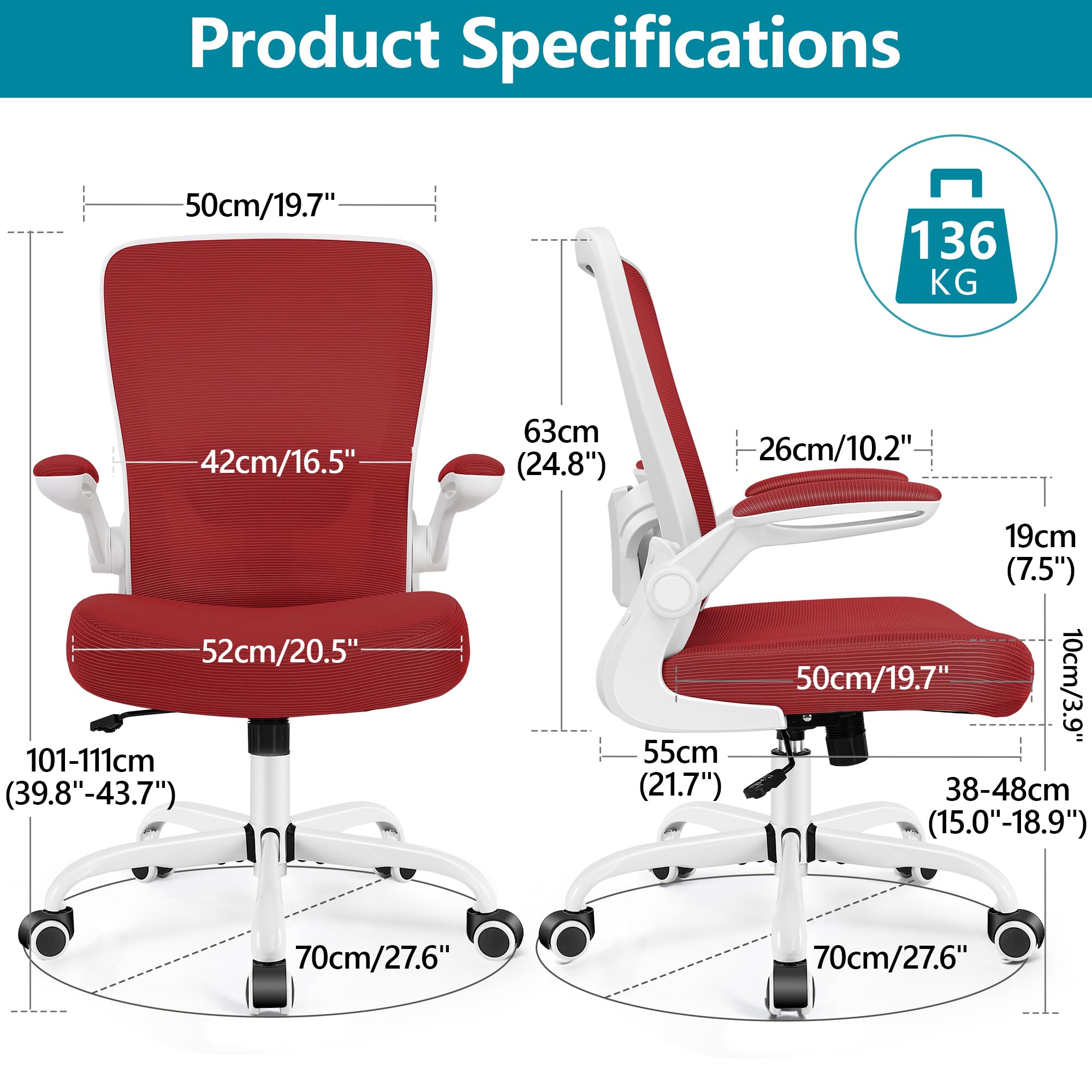Office Chair, Ergonomic Desk Chair Breathable Mesh Chairs Adjustable High Back Lumbar Support Flip-up Armrests, Executive Rolling Swivel Comfy Computer Chairs Home Office Fire Brick