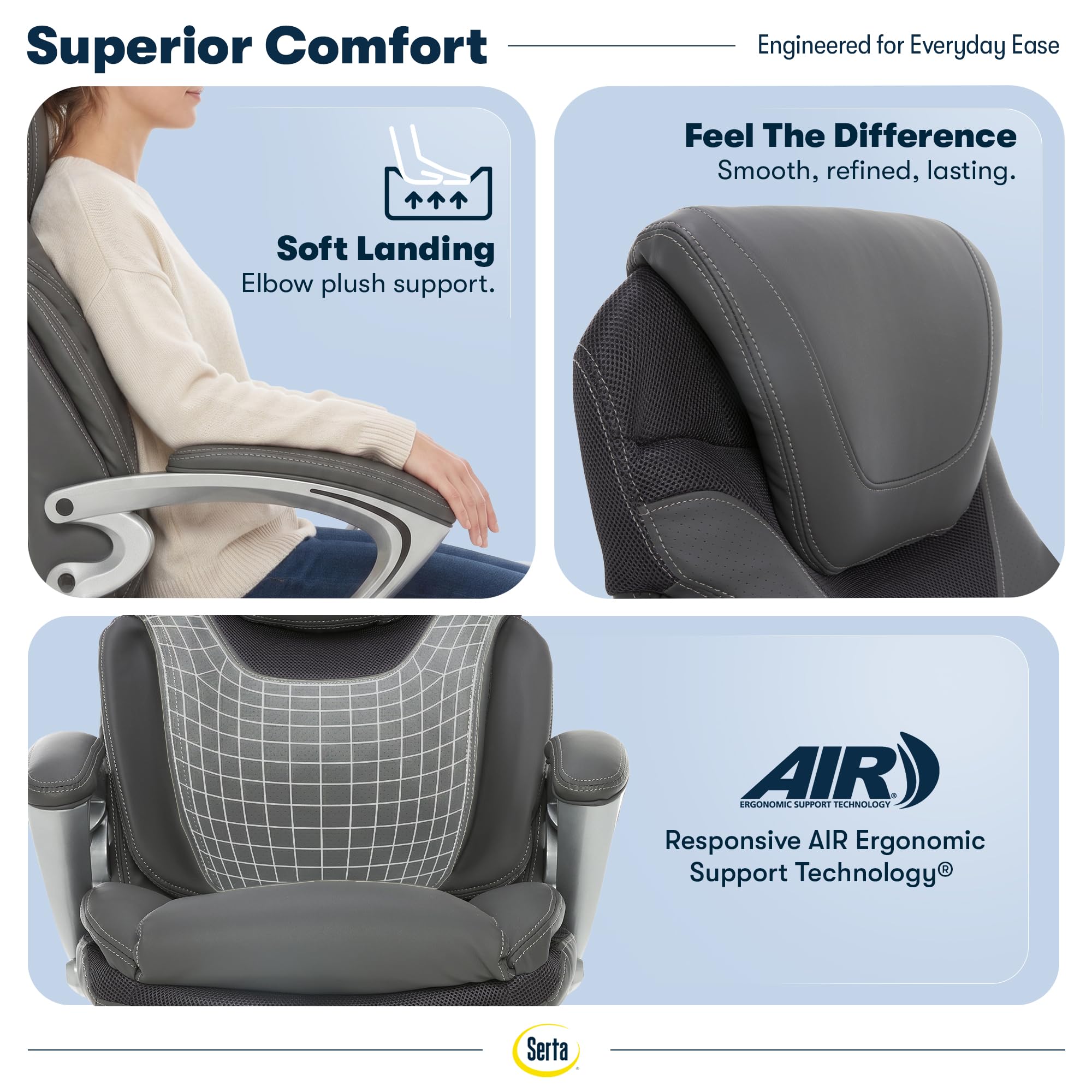 Executive Office Chair - Ergonomic Computer Desk Chair with Patented AIR Lumbar Technology - Adjustable Height - Memory Foam Body Pillows - 360° Swivel Rolling Base - Bonded Leather - Gray