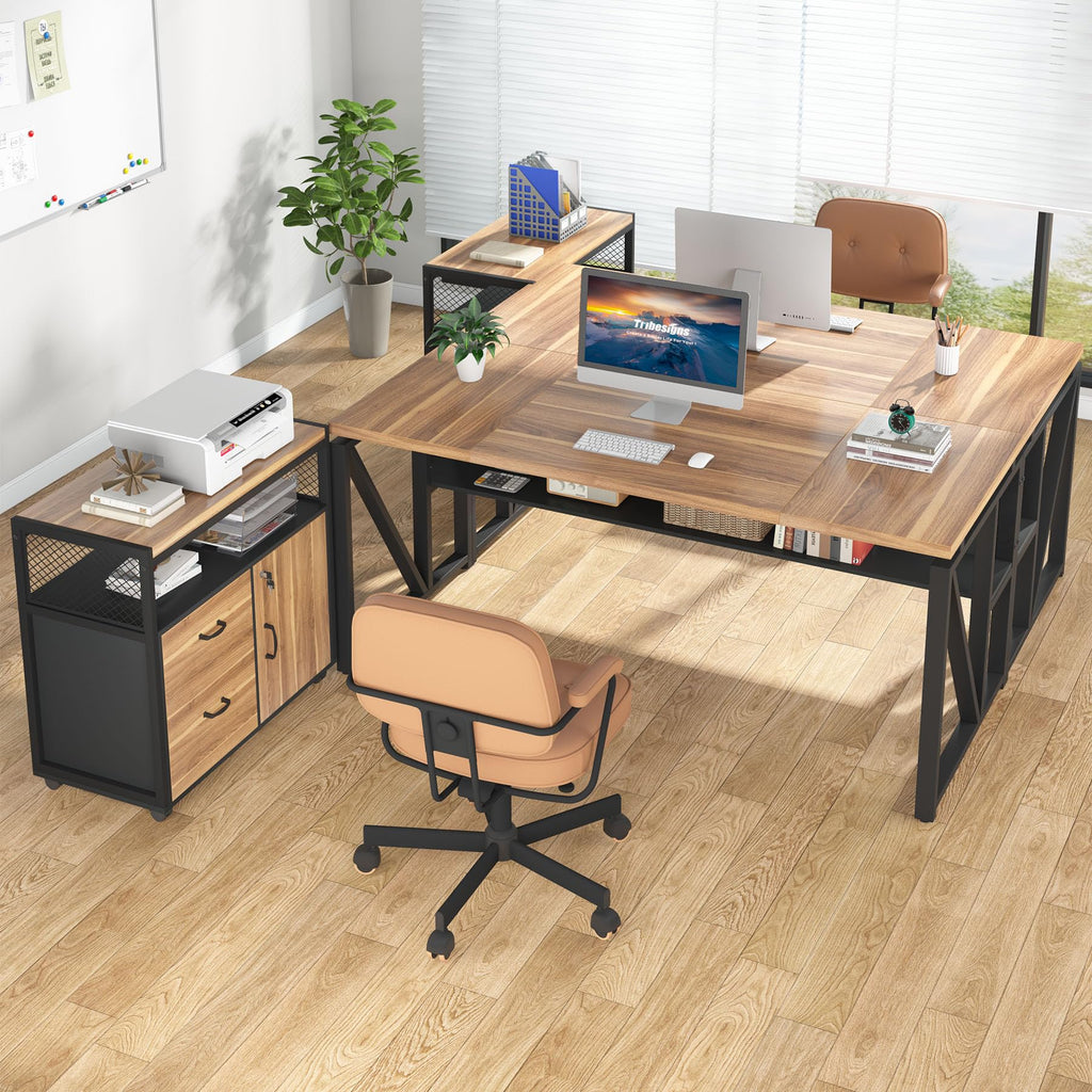 63" Executive Desk with Reversible File Cabinet, Large L-Shaped Office Desk with Drawers, Business Furniture Workstation for Home Office