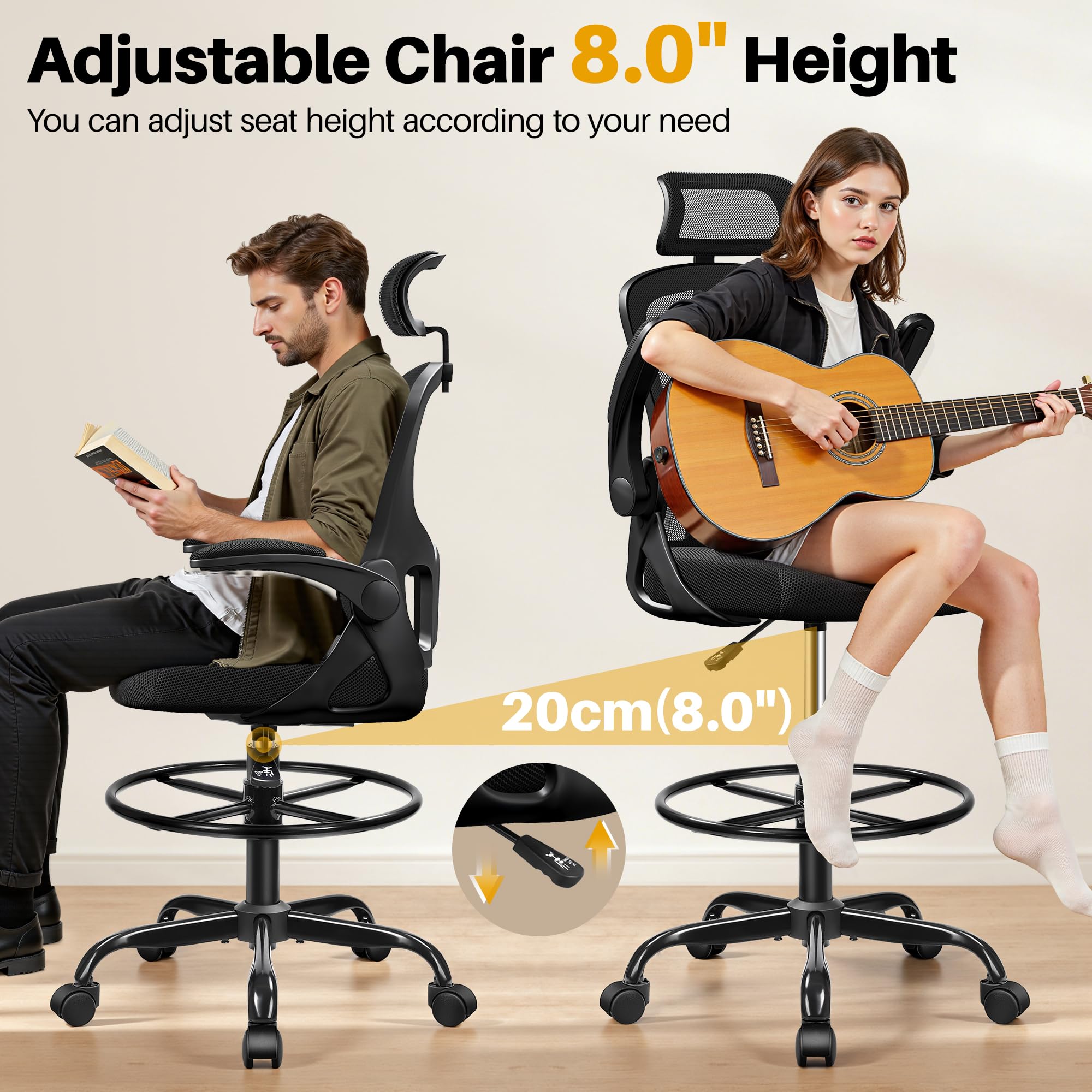 Drafting Chair, Tall Office Chair for Standing Desk, Ergonomic High Back with Headrest, Lumbar Support, Foot Ring and Flip-up Armrests, Black