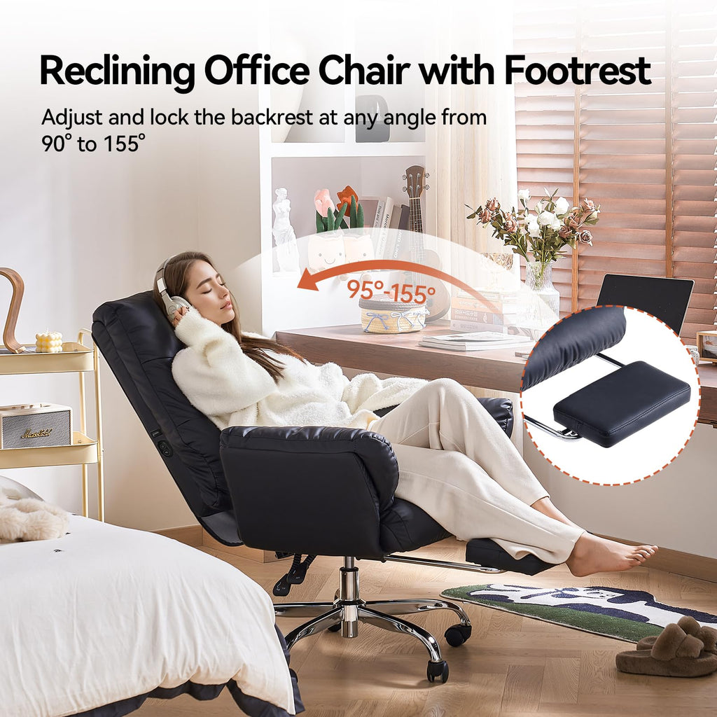 Heated and Massage Office Chair with Foot Rest Criss Cross Chair with Wheels and Flip-up Arms Reclining Desk Chair Comfy Wide Seat PU Leather Rolling Computer Home Office Chair (Black)