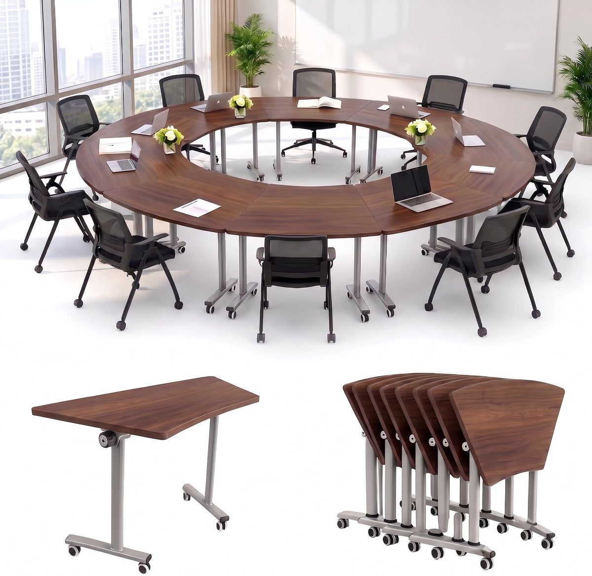 Folding Round Conference Table with Wheels, Flip Top Training Desk, 360° Lockable Casters, Stackable Nesting Mobile Seminar Table for Office Classroom,Walnut,40in,8