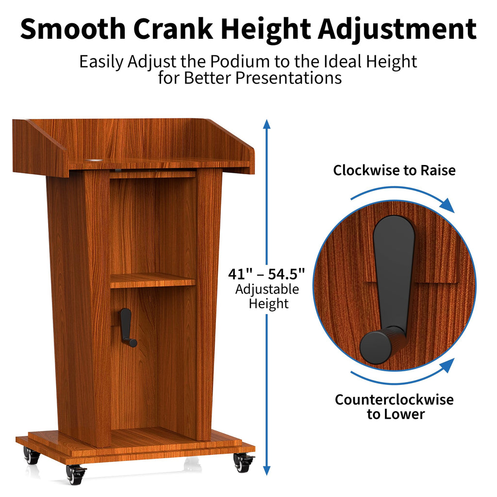Wooden Podium Stand with Wheels, 41”–54.5” Height Adjustable Lectern, Mobile Podium with Crank Lift, Stable Base & Storage Shelf, Elegant Design for Churches, Classrooms and Conferences