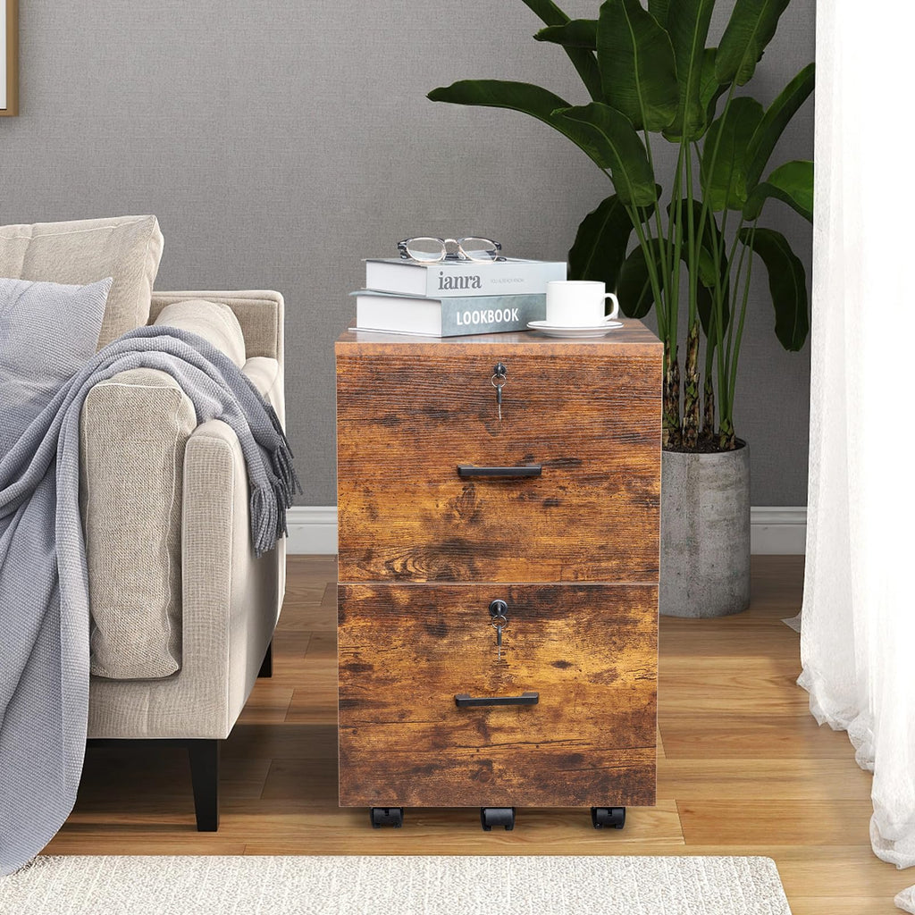 2-Drawer Small Rolling File Cabinet with Lock, Wood Filing Cabinet for Hanging Letter Size Filings with Tabs, Mobile Under Desk File Cabinets for Home Office, Rustic Brown, 27.2" H