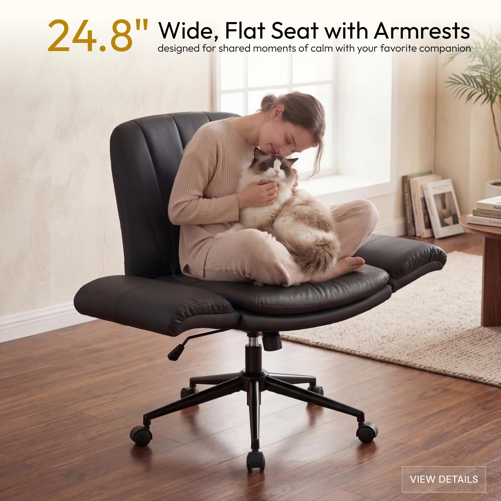 Criss Cross Chair with Five-Level Adjustable Arms and Wheels - Comfortable Ergonomic PU Leather Swivel Vanity Chair - Computer Makeup Gaming Chair for Home Office, Bedroom, Living Room (Black)