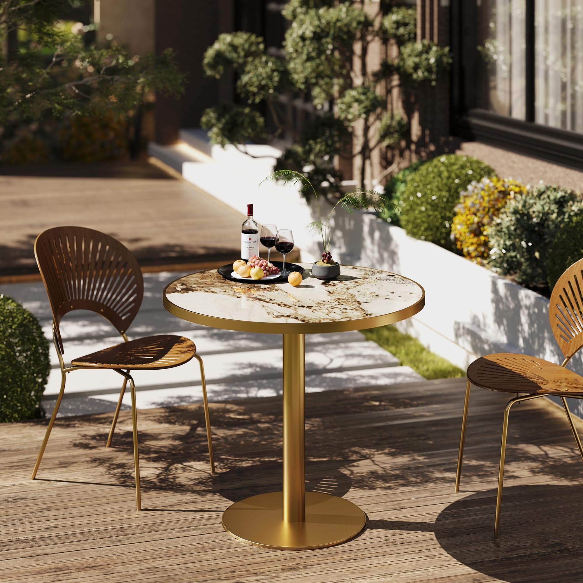 hausway 31.5" Tulip Table,Round Kitchen Dining Table for 2-4 with Thick Sintered Stone Top,Titanium Golden Pedestal Base,Heat-Resistant,Bistro Table for Dining Room,Café,Small Space（Cloud Amber）