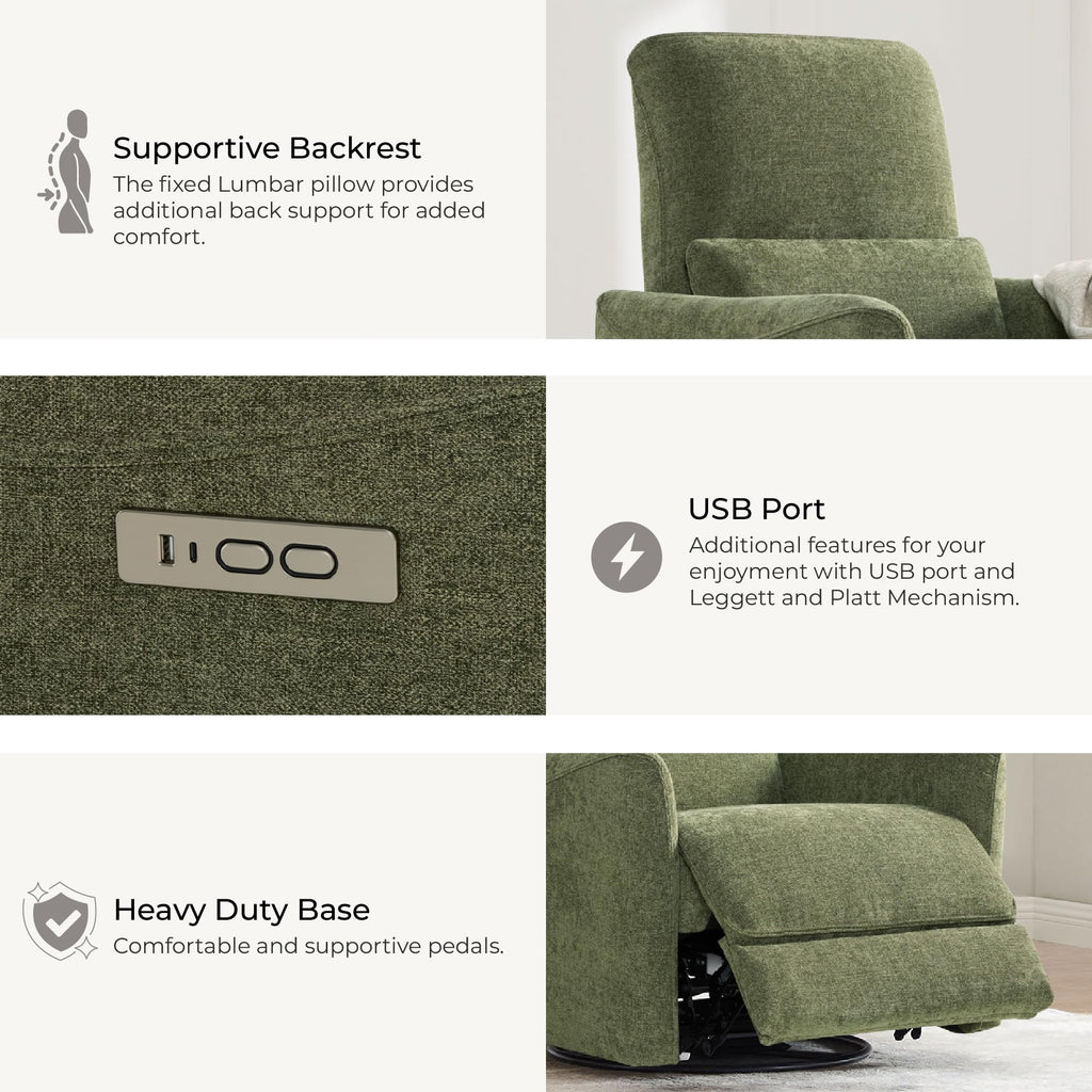 Power Recliner Chair Swivel Glider, FSC Certified Upholstered Living Room Nursery Reclining Sofa Chair with Lumbar Support, Green