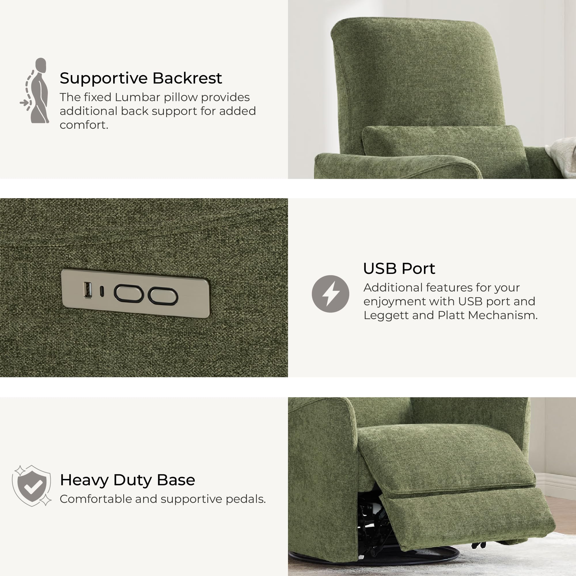Power Recliner Chair Swivel Glider, FSC Certified Upholstered Living Room Nursery Reclining Sofa Chair with Lumbar Support, Green