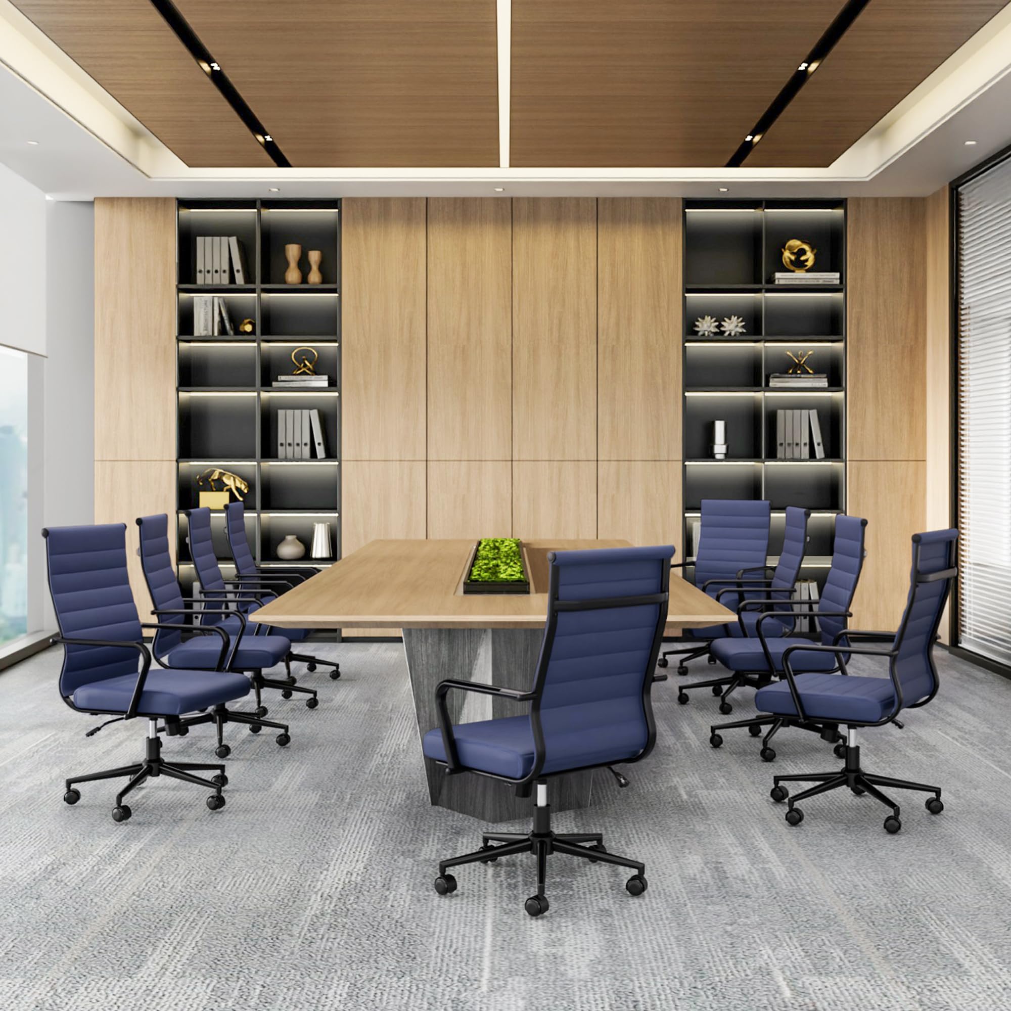 Blue Leather Office Desk Chair, Conference Room Chairs Executive Chair Ribbed, Ergonomic Height Adjustable Swivel Rolling Chair for Home Office.