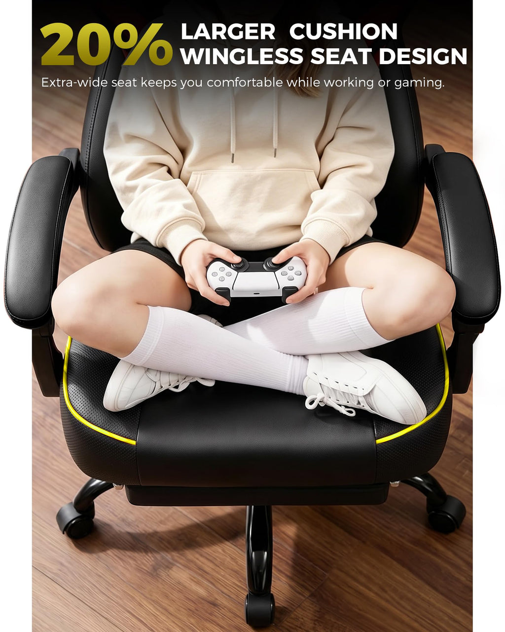 Big and Tall Gaming Chair with Footrest, High Back Ergonomic Office Chair for Adults, Heavy Duty 350 lbs Capacity, Premium Leather & Iridescent Trim, ACE-Armor, Yellow