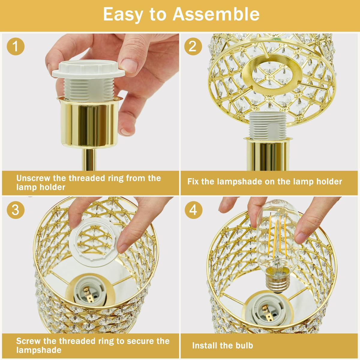 Gold Crystal Bedside Table Lamps Set of 2 with USB C+A Ports