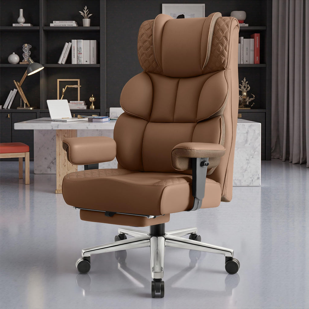 Office Desk Chair, Big and Tall Leather Gaming Chair with Footrest, Ergonomic Comfy Executive High-Back Reclining Computer Chairs, Wide Swivel Rolling Wheels and Padded Lumbar Support, Khaki