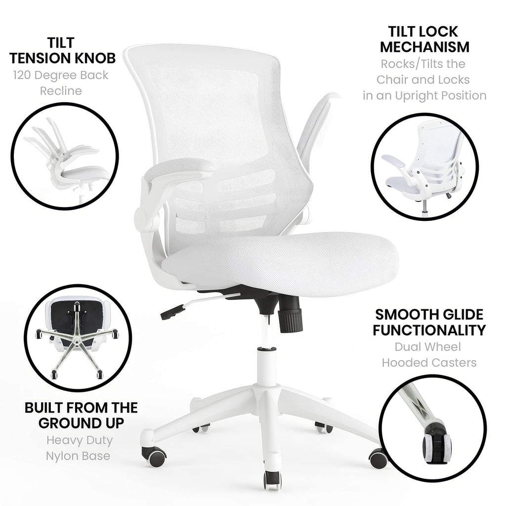 Mid-Back Swivel Office Chair with Adjustable Lumbar Support and Seat Height, Ergonomic Mesh Desk Chair with Flip-Up Armrests, White