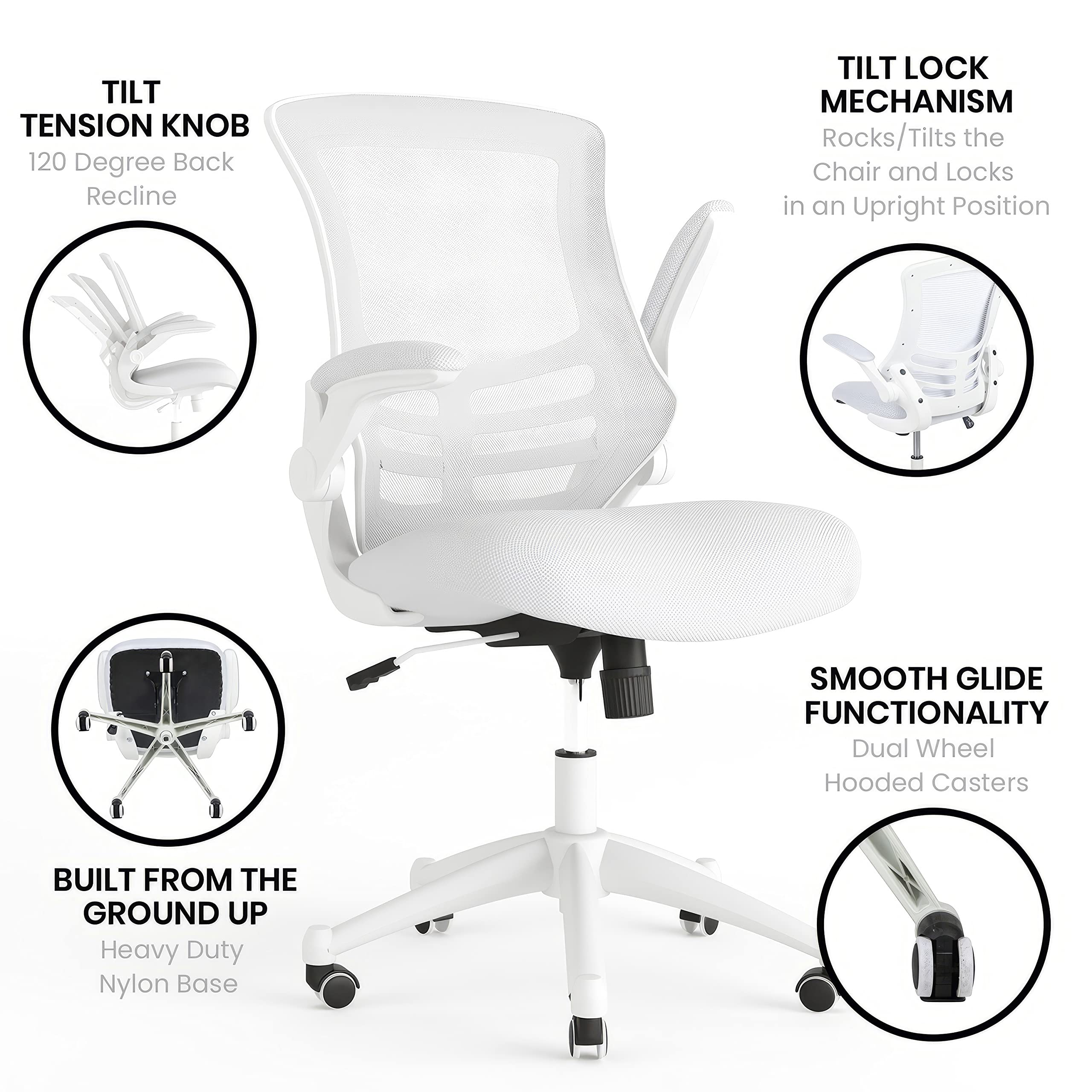 Mid-Back Swivel Office Chair with Adjustable Lumbar Support and Seat Height, Ergonomic Mesh Desk Chair with Flip-Up Armrests, White