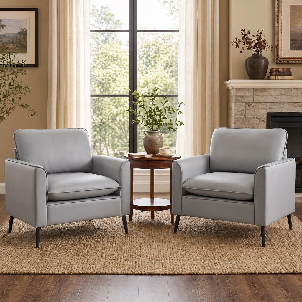 Accent Chairs Set of 2, Faux Leather Chairs, Mid Century Modern Comfy Living Room Chairs, Cozy Office Reading Chair, Reception Armchairs for Office, Bedroom, Waiting Room (Grey) (2)