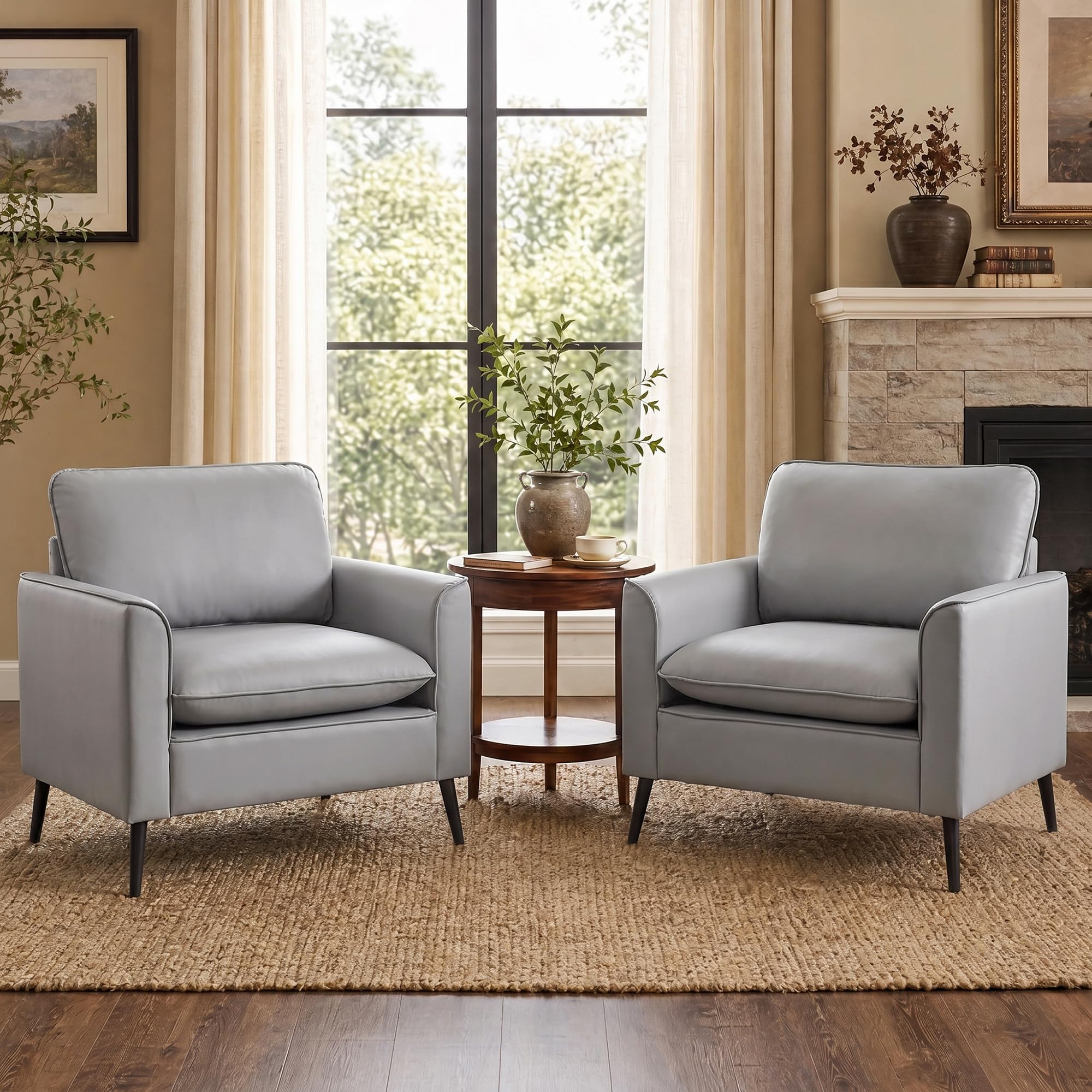 Accent Chairs Set of 2, Faux Leather Chairs, Mid Century Modern Comfy Living Room Chairs, Cozy Office Reading Chair, Reception Armchairs for Office, Bedroom, Waiting Room (Grey) (2)