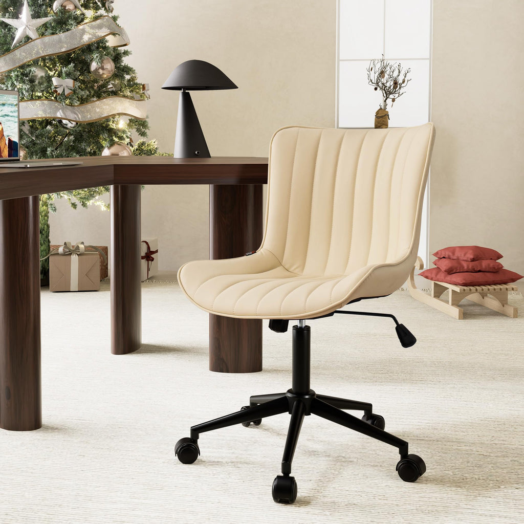 Ergonomic Home Office Desk Chair with Wheels Comfy Armless Vanity Chair with Adjustable Back Modern Leather Upholstered Swivel Computer Chair Small Rolling Task Chair  Beige