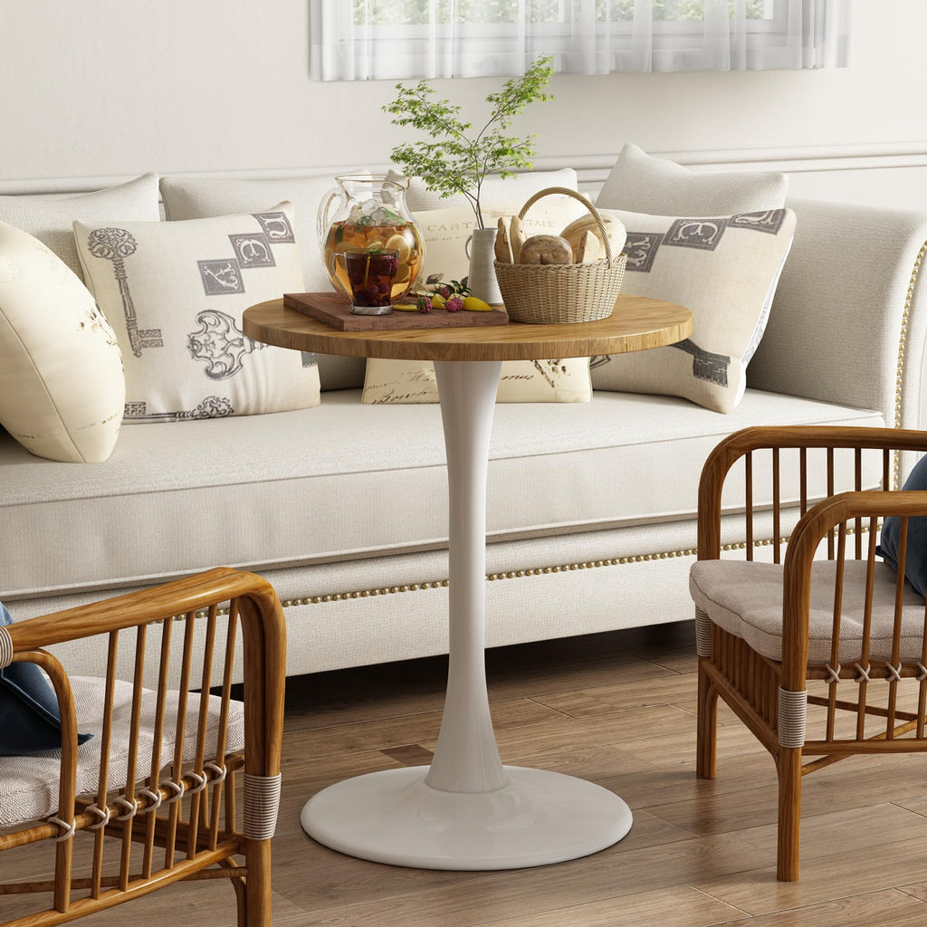 Kasinali Round Dining Table 24" Circle Tulip Table with Wood Thickened Tabletop & Sturdy Metal Pedestal Mid Century Modern Leisure Bistro Kitchen Tables 2 People Small Places Living Room Cafe,Oak