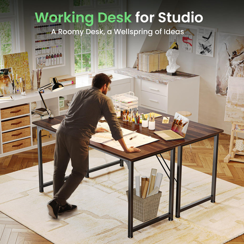 Computer Desk, 54 Inch Office Desk, Gaming Desk with Storage, Writing Desk Work Desk for Home Office, Study, Modern Simple Desk, Large Legroom, Metal Frame, Walnut