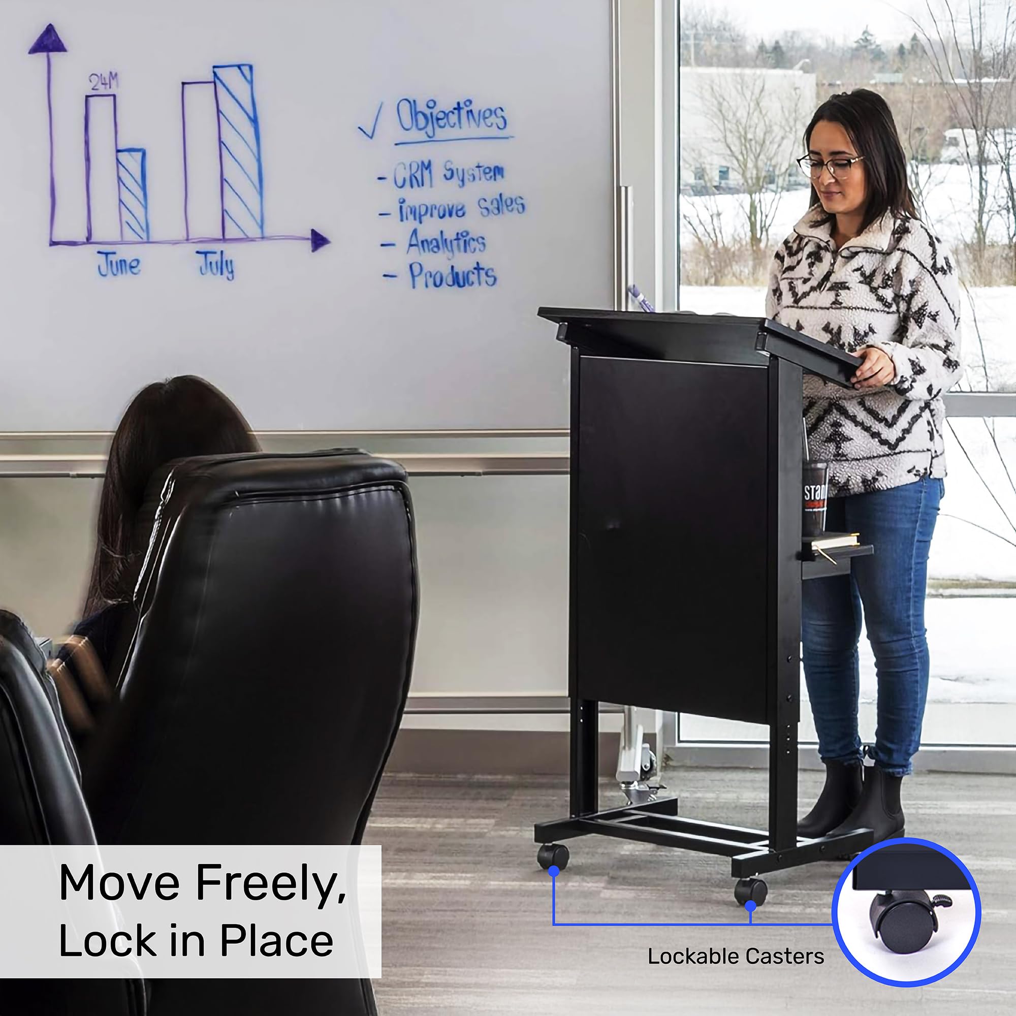 Desk Store Mobile Adjustable Height Rolling Lectern Podium with Heavy Duty Steel Frame (Black Frame/Black Shelves, 25.5" Wide)