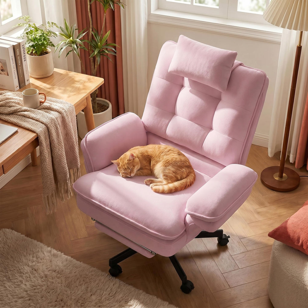 Criss Cross Office Chair with Foot Rest, Big and Tall Criss Cross Chair with Flip-Up Arms and Headrest, 135° Reclining Swivel Velvet Cross Legged Office Chair with Wheels, Cloud Chair for Home (Pink)