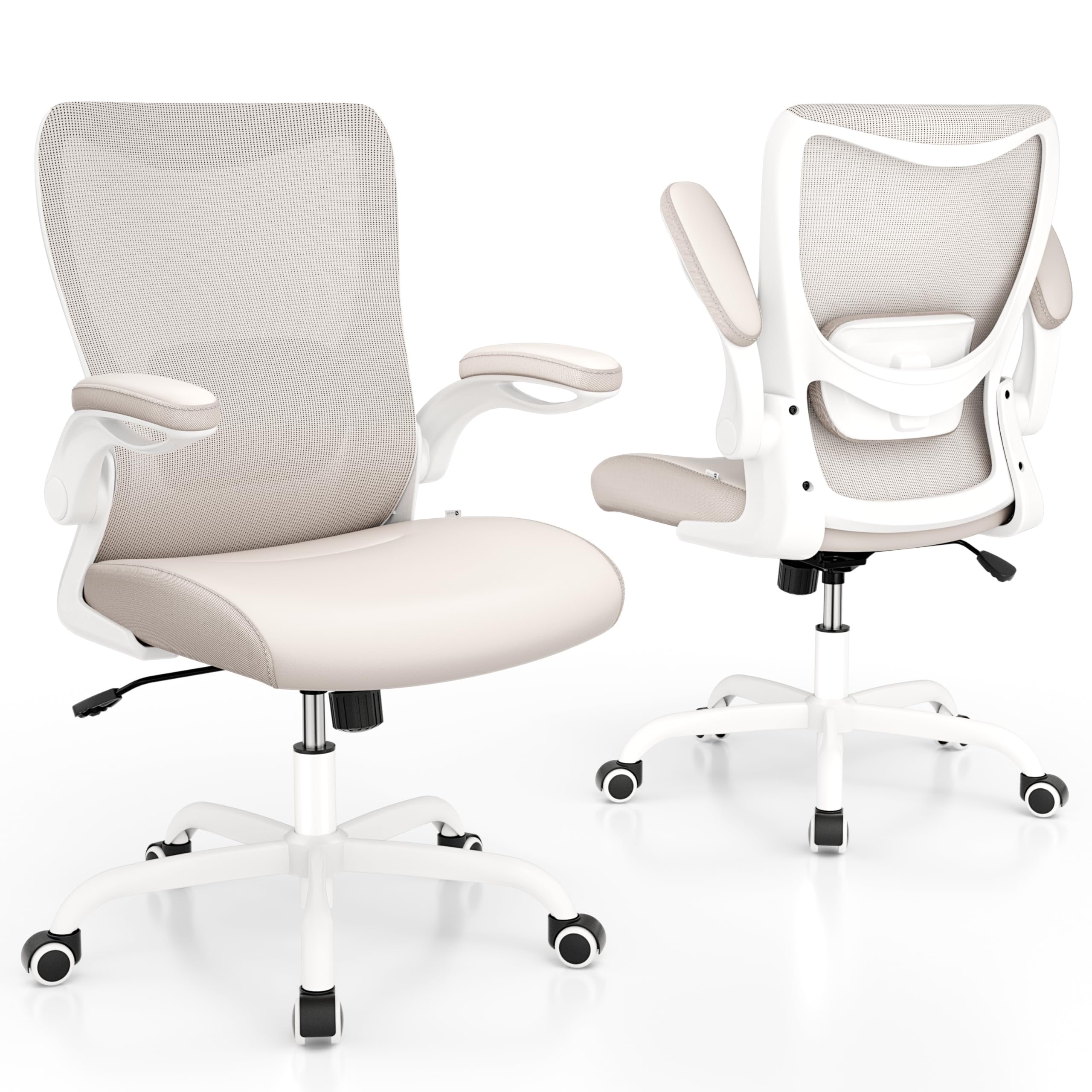 Office Chair, PU Leather Ergonomic Desk Chair with Adjustable Lumbar Support and Flip up Armrest, Breathable Mesh Computer Chair for Home Office, Khaki