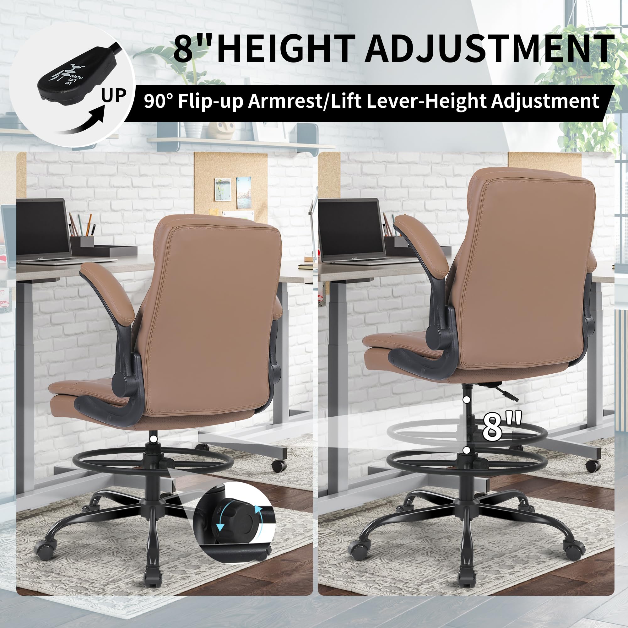 Leather Drafting Chair, Tall Office Chair for Standing Desk, High Executive Office Chair with Adjustable Height and Flip-up Armrest for Counter Height Desk