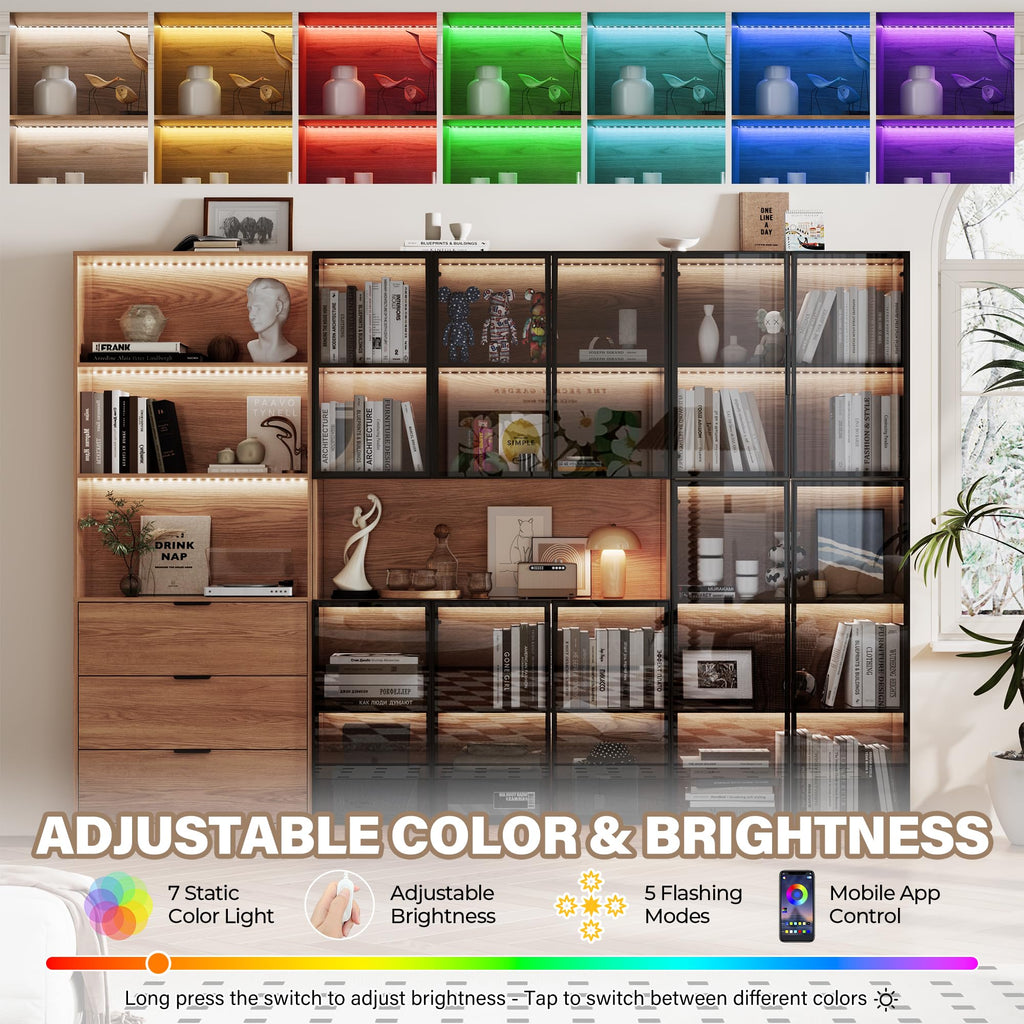 78.7" H Tall Bookcase Storage Cabinet with LED Lights and Drawers, 5 Tier Wood Storage Shelves with Glass Doors, Expandable Bookshelf Display Cabinet for Living Room, Home Office (A+C+B)
